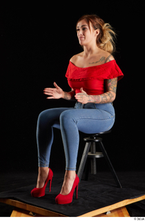 Daisy Lee 1 blue jeans dressed red high heels red…